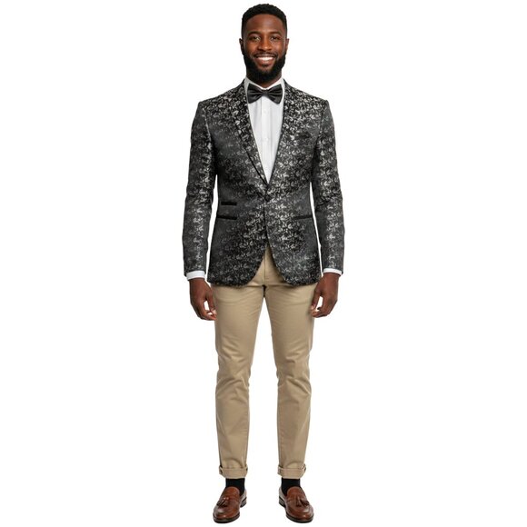 Men's Floral Blazer Slim-Fit Jacket, Black/Silver - Picture 5 of 5